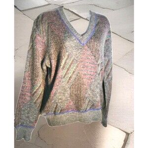 Vintage Womens Italy Wool Argyle Geometric Knit V neck  Dark Aacademia sweater S